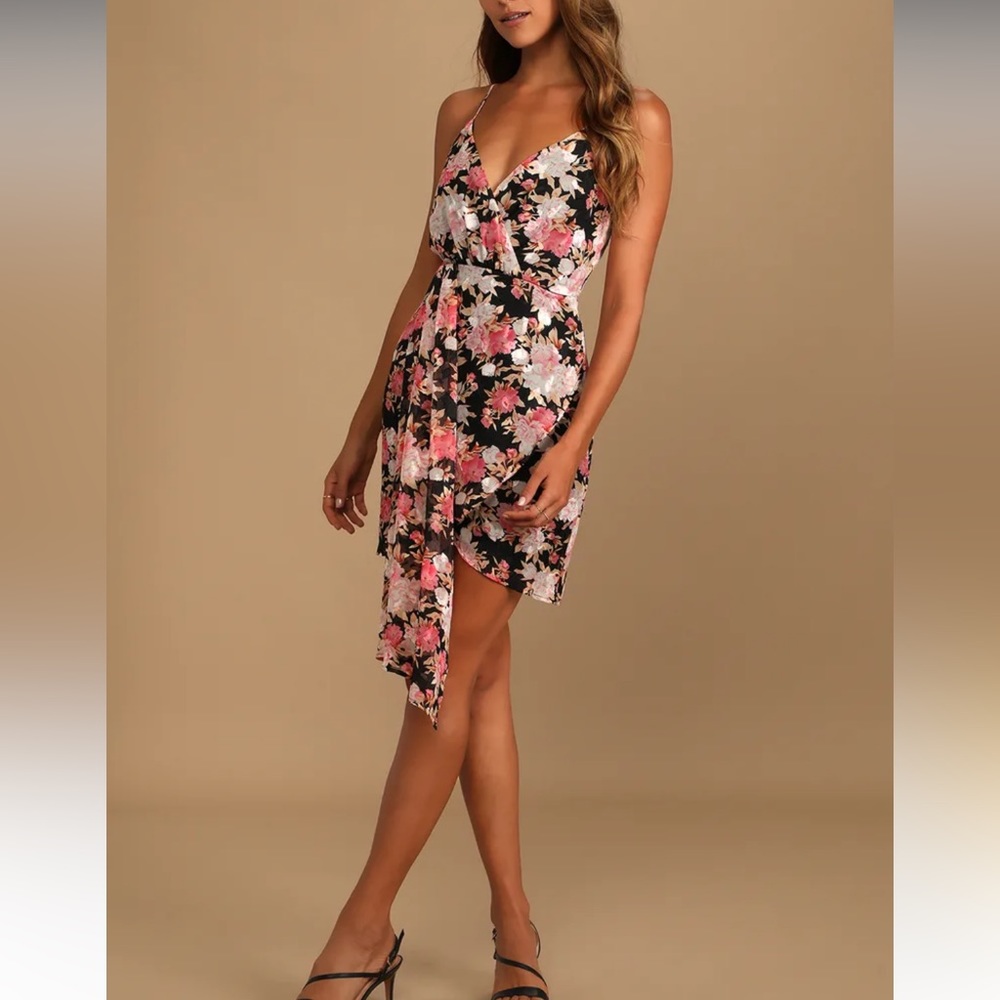 Lulu’s Black Floral Print Tulip Mini Dress